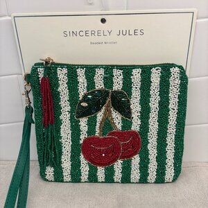 🍒 Sincerely Jules Beaded Cherries Wristlet with Stripes - Green and White 🍒